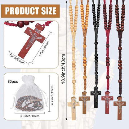 80 Sets Wooden Rosary Beads Bulk 5 Colors with Cross Pendants and Organza Bags