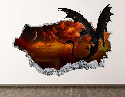 West Mountain Dragon Wall Decal Art Decor 3D Smashed Kids Galaxy Sticker Mural Boys Gift BL06 (22"W x 14"H)