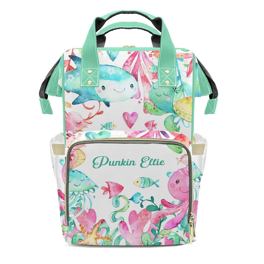 LiSoAkWE Under the Sea Ocean Watercolor Personalized Diaper Bag Backpack,Customized Nappy Backpack for Travel Outdoor