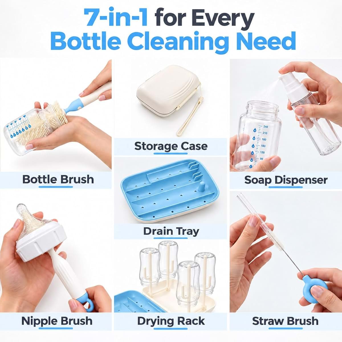 ZAWOW 7-in-1 Baby Bottle Brush Set with Drying Rack, Home & Travel, Blue (photo 2)