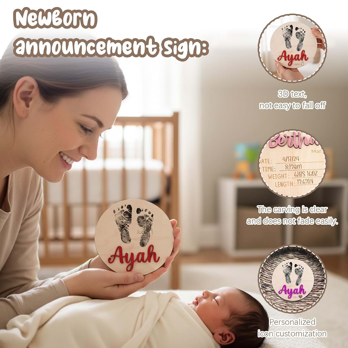 Custom Baby Name Announcement Signs for Hospital, Personalized Wooden Engraved Birth Plaque