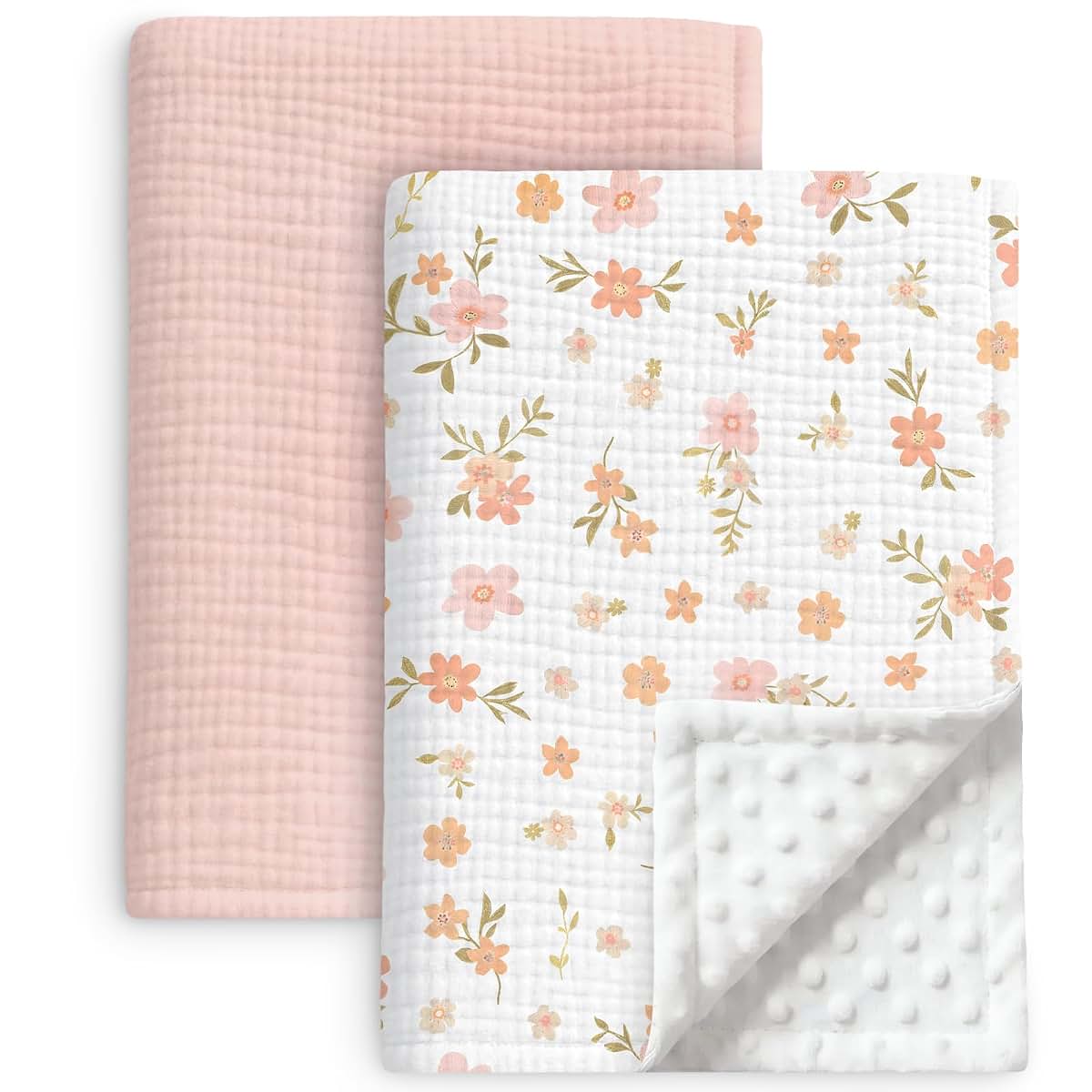 BabyOneStop 2 Pack Muslin Baby Blankets 40x40 In Cotton Floral Swaddle Receiving Blanket for Newborn Infant Toddler