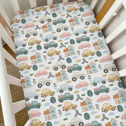 Selgkds Colorful Car Transport Baby Crib Sheets for Boys Car Truck Road House Trees Soft Snug Fitted Crib Mattress