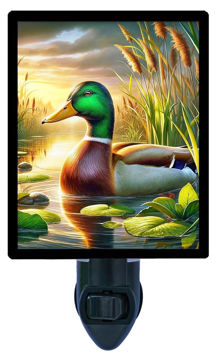 Led Night Light, Setting Sun Mallard Duck Design, Fully Enclosed Rotating Plug Glass Front