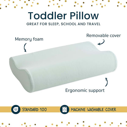 Tiny Twinkle Toddler Pillow with Fitted Pillowcase, Sage, Ergonomic Memory Foam for Kids Travel and Bed Transition