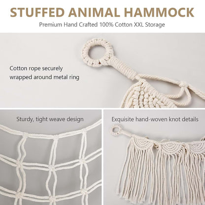 Stuffed Animal Hammock Organizer | Natural Cotton Boho Wall Storage for Nursery Playroom