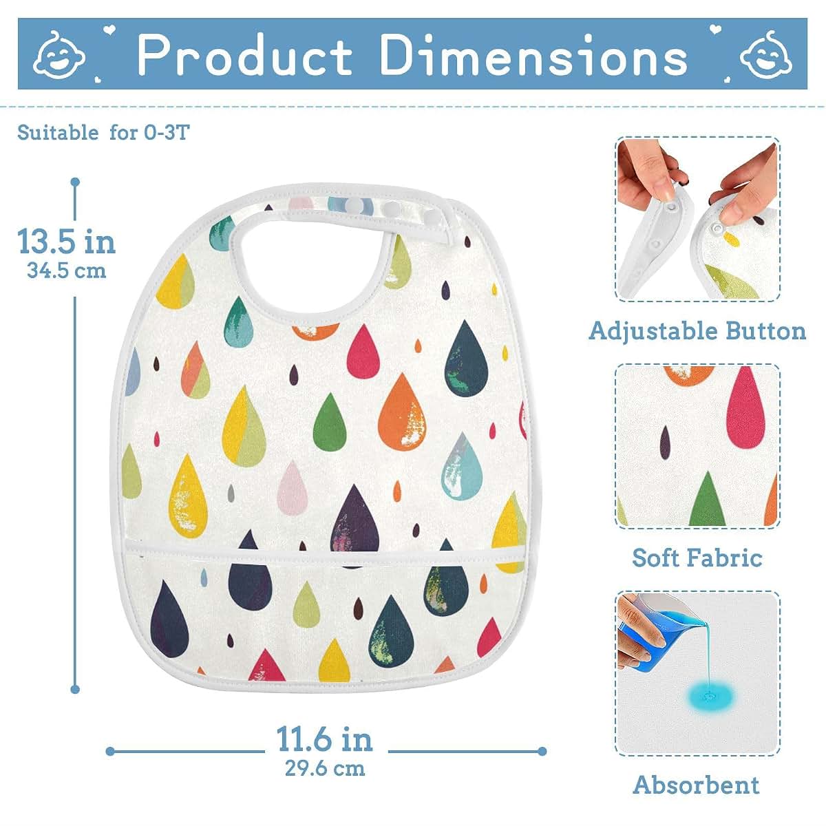 Yoogain Colorful Flat Raindrops Bibs for Drooling Drooling and Teething Absorbent 2 Pack Baby Bibs and Burp Bibs for (photo 4)