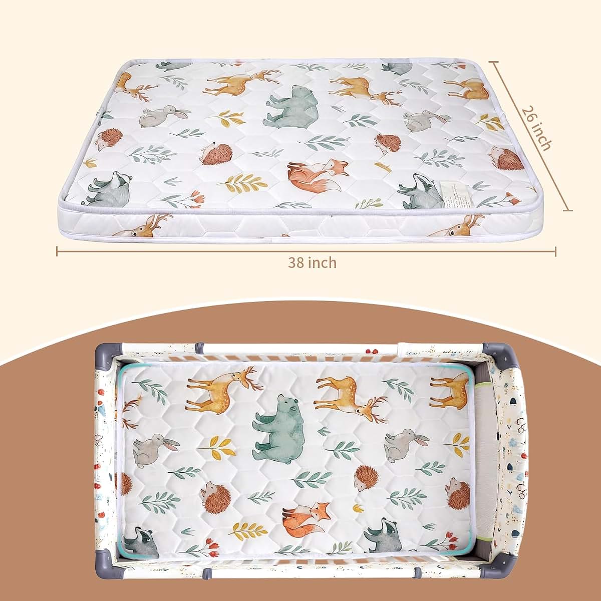 Pack and Play Mattress Pad 38x26x1.5 with Non-Slip Bottom and Breathable Foam Cover