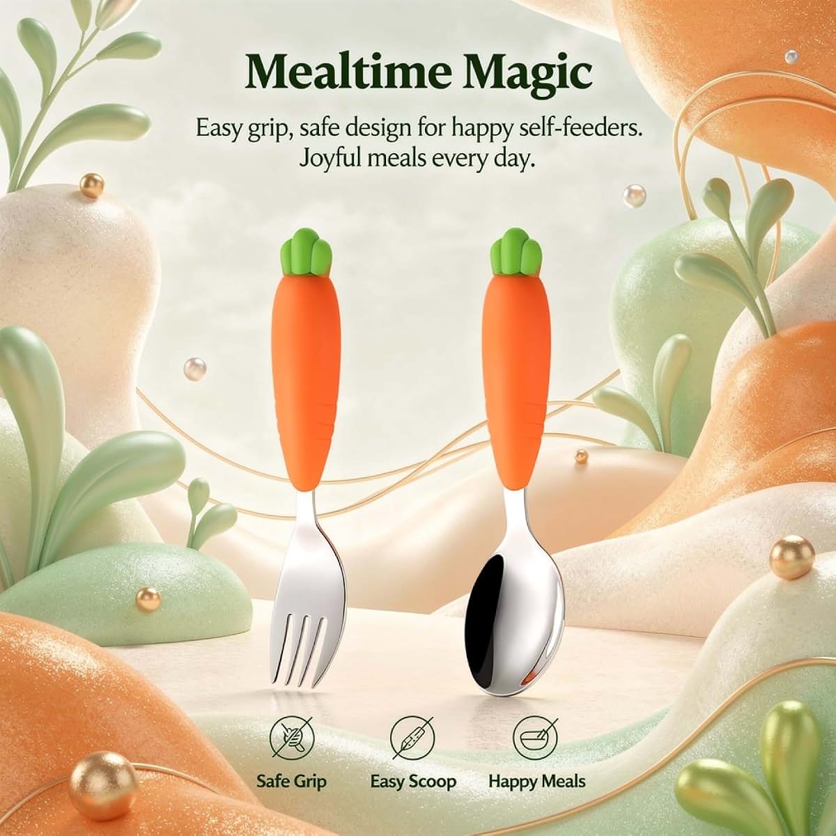 Machify 2 Pcs Utensils Set, Little One Size, Carrot Design Stainless Steel Fork and Spoon