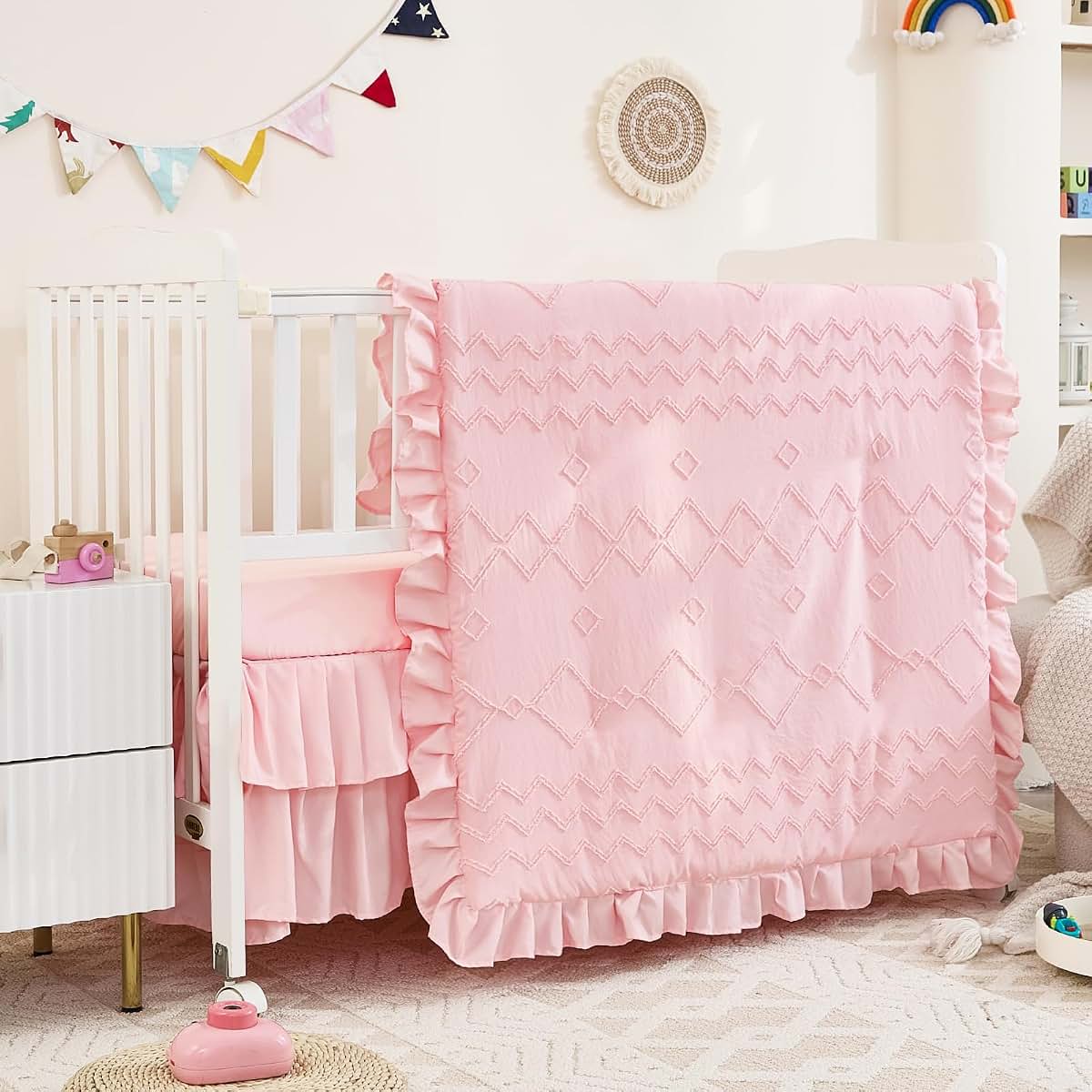 NacoMoco 3-Piece Tufted Ruffle Crib Bedding Set for Girls, Light Pink