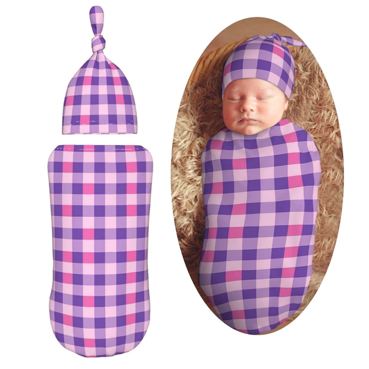 Muishi Purple Gingham Newborn Swaddle Blanket and Hat Set