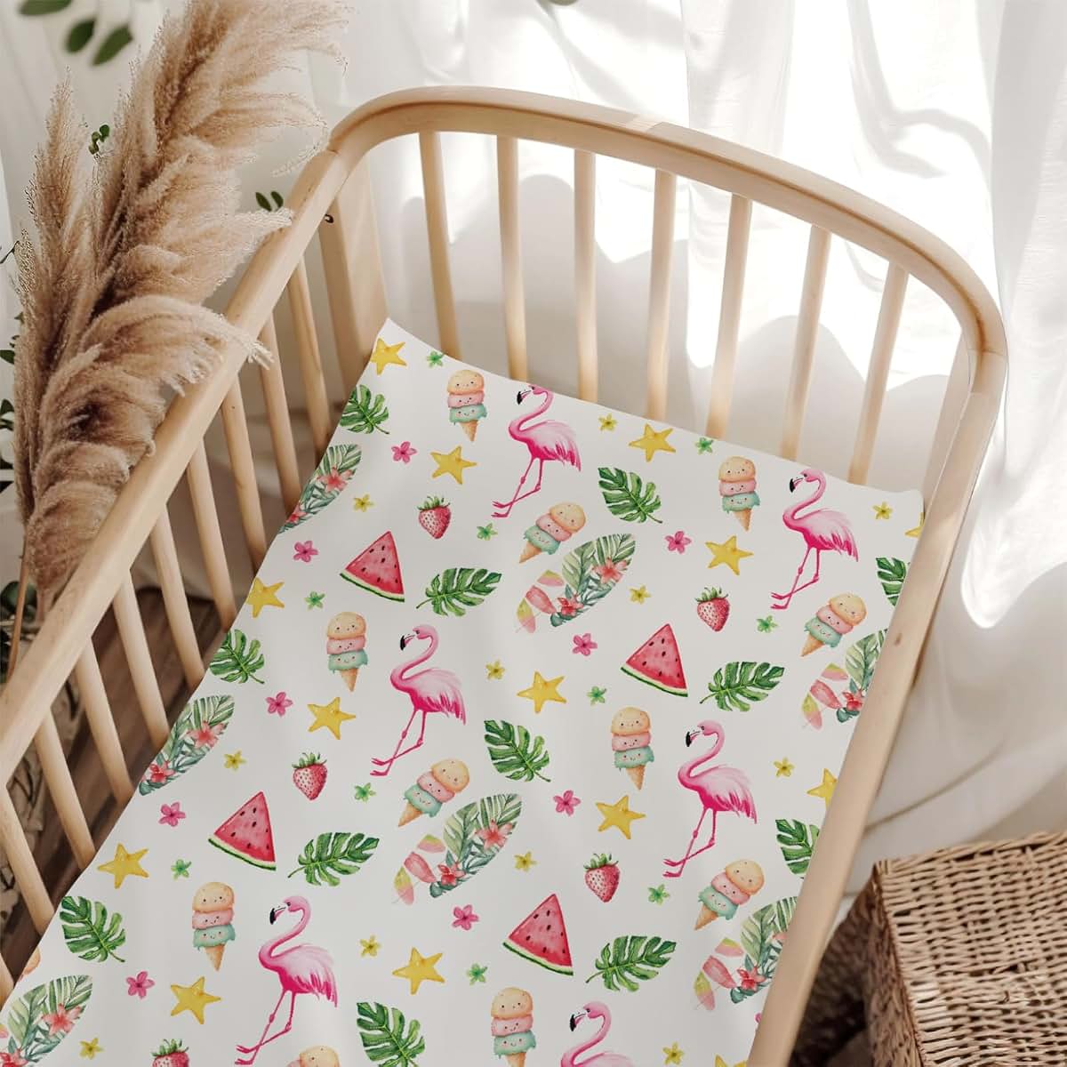 Wicbfdfv Pink Flamingo Beach Fitted Crib Sheet