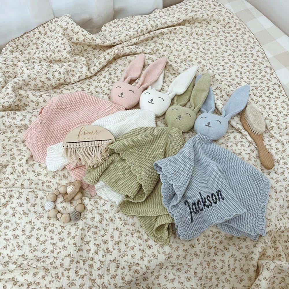 ZoikoM Personalized Baby Gifts Custom Embroidered Name Lovey Animal Stroller Blanket Breathable Cotton Knitted Bunny (photo 3)