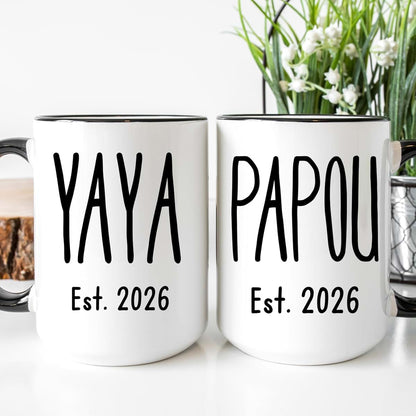 Fabby Gifts Yaya And Papou Mugs Set - Pregnancy Announcement To Greek Grandparents - Baby Reveal Grandma Grandpa (Black