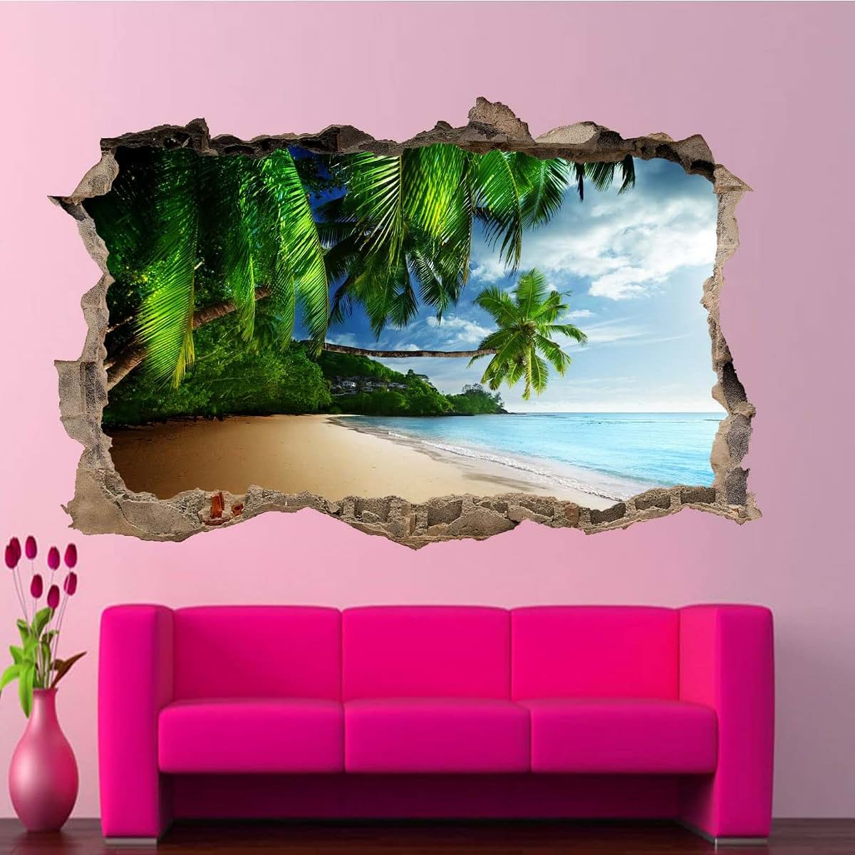 Kuletkear Landscape 3D Wall Decor, Beach Holiday Removable Wall Sticker Room Palm Trees Mural Decals Wall Hole Decal