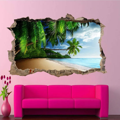 Kuletkear Landscape 3D Wall Decor, Beach Holiday Removable Wall Sticker Room Palm Trees Mural Decals Wall Hole Decal