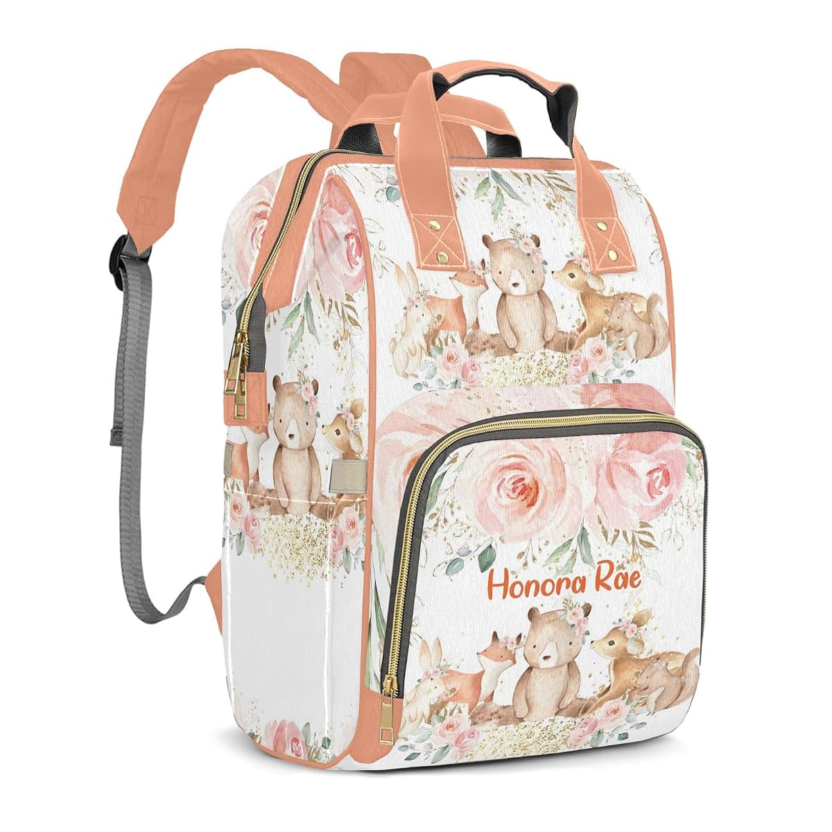Joyestore Personalized Woodland Animals Pastel Blush Floral Custom Mom Bag with Name,Dad and Mom Diaper Backpack (photo 2)