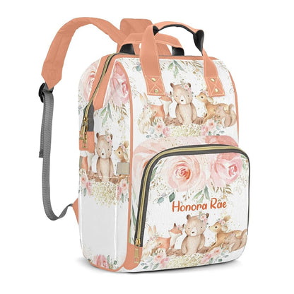 Joyestore Personalized Woodland Animals Pastel Blush Floral Custom Mom Bag with Name,Dad and Mom Diaper Backpack (photo 2)