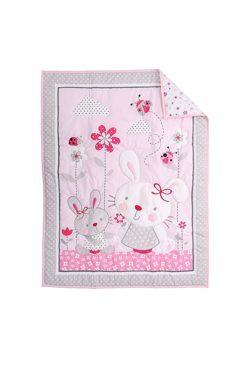CribMATE 3 Pieces Pink Floral Embroidery Rabbit Nursery Crib Bedding Set (photo 2)