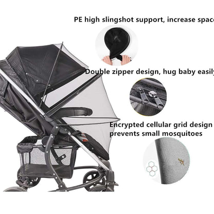 BabyOneStop Universal Stroller Mosquito Net with Dual Zipper and PE Support, Black, 110cm