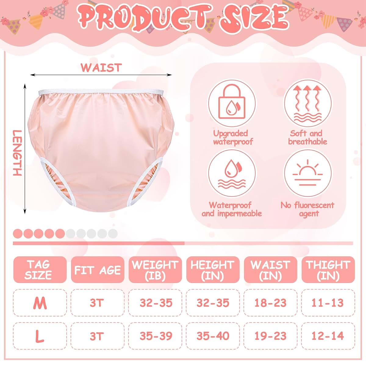 Cozypower 10 Pairs Waterproof Plastic Pants for Toddlers, M, White, Pink (photo 3)