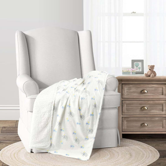 Lush Decor Elephant Balloon Sherpa Baby Blanket, 40" x 30", Gray & Blue