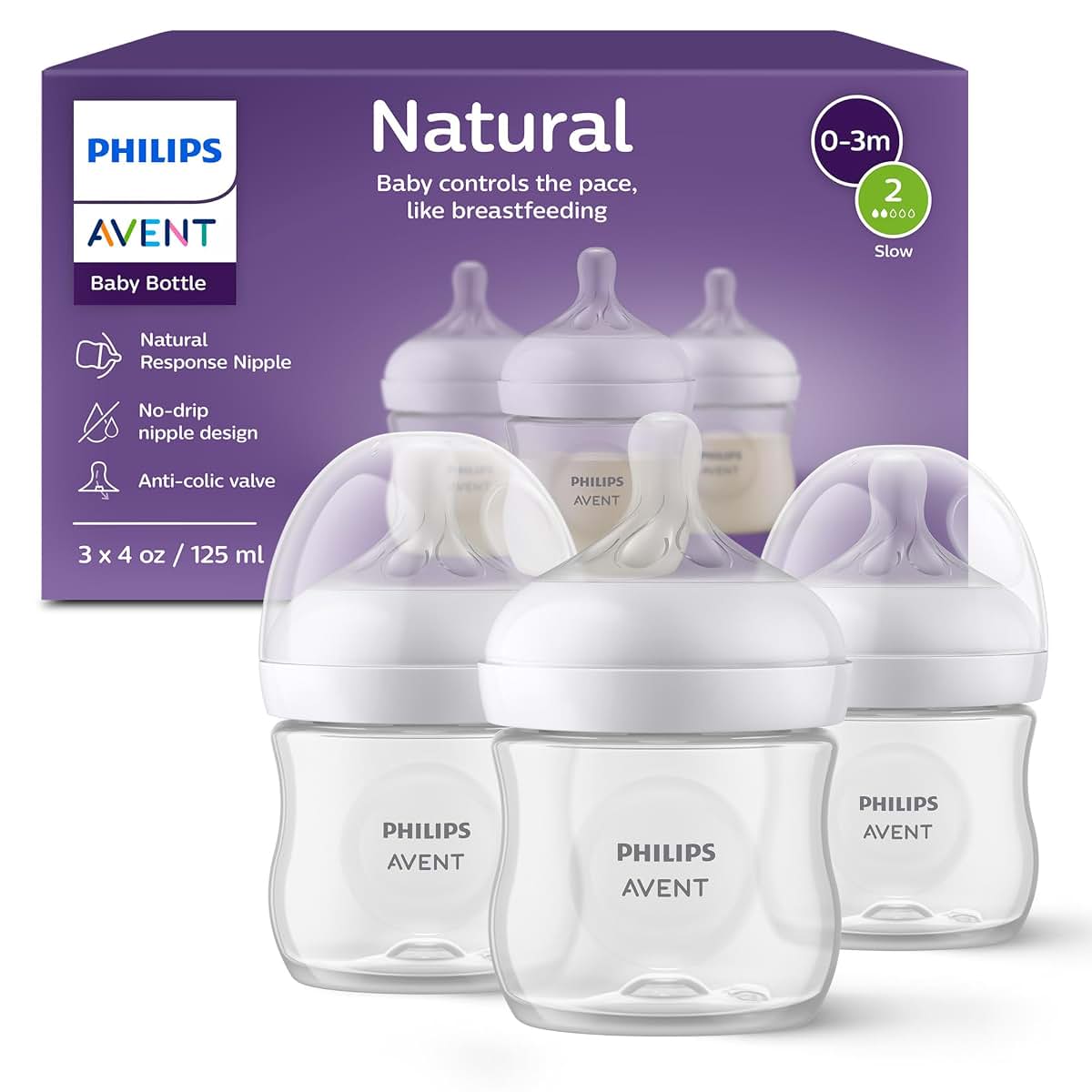 Philips Avent Avent - 3Pk Natural Baby Bottle With Natural Response Nipple, Clear, 4Oz