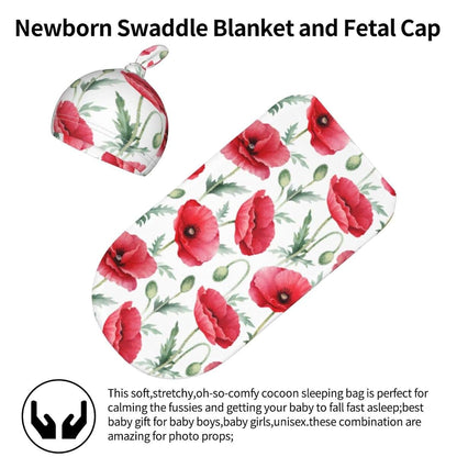 Poppy Flowers Swaddle Blanket Set with Beanie for Newborns