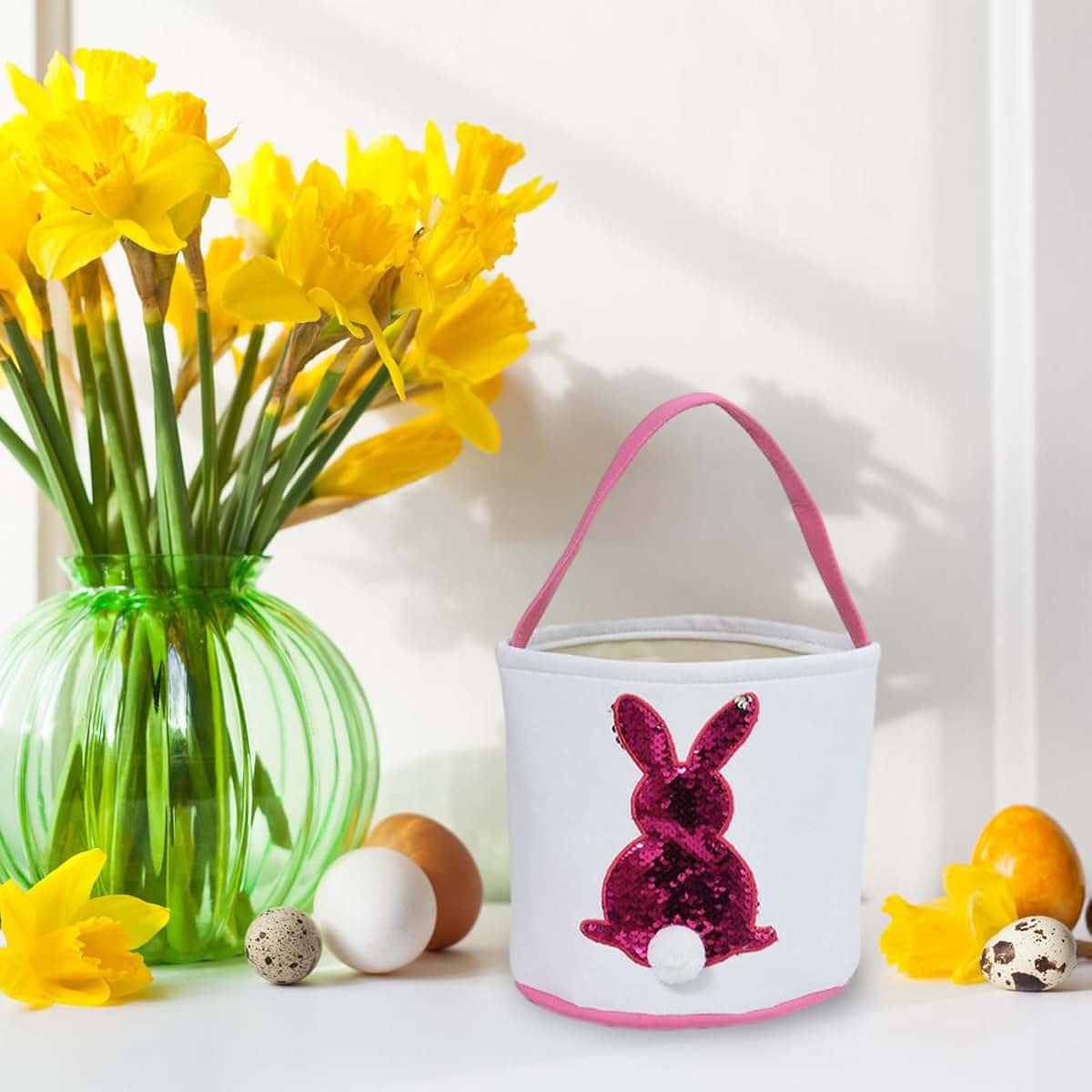 Joyesplay Easter Bunny Baskets, Canvas Bunny Eggs Hunt Basket Egg Bags with Handles, Easter GrassHandbag Rabbit Fluffy (photo 3)