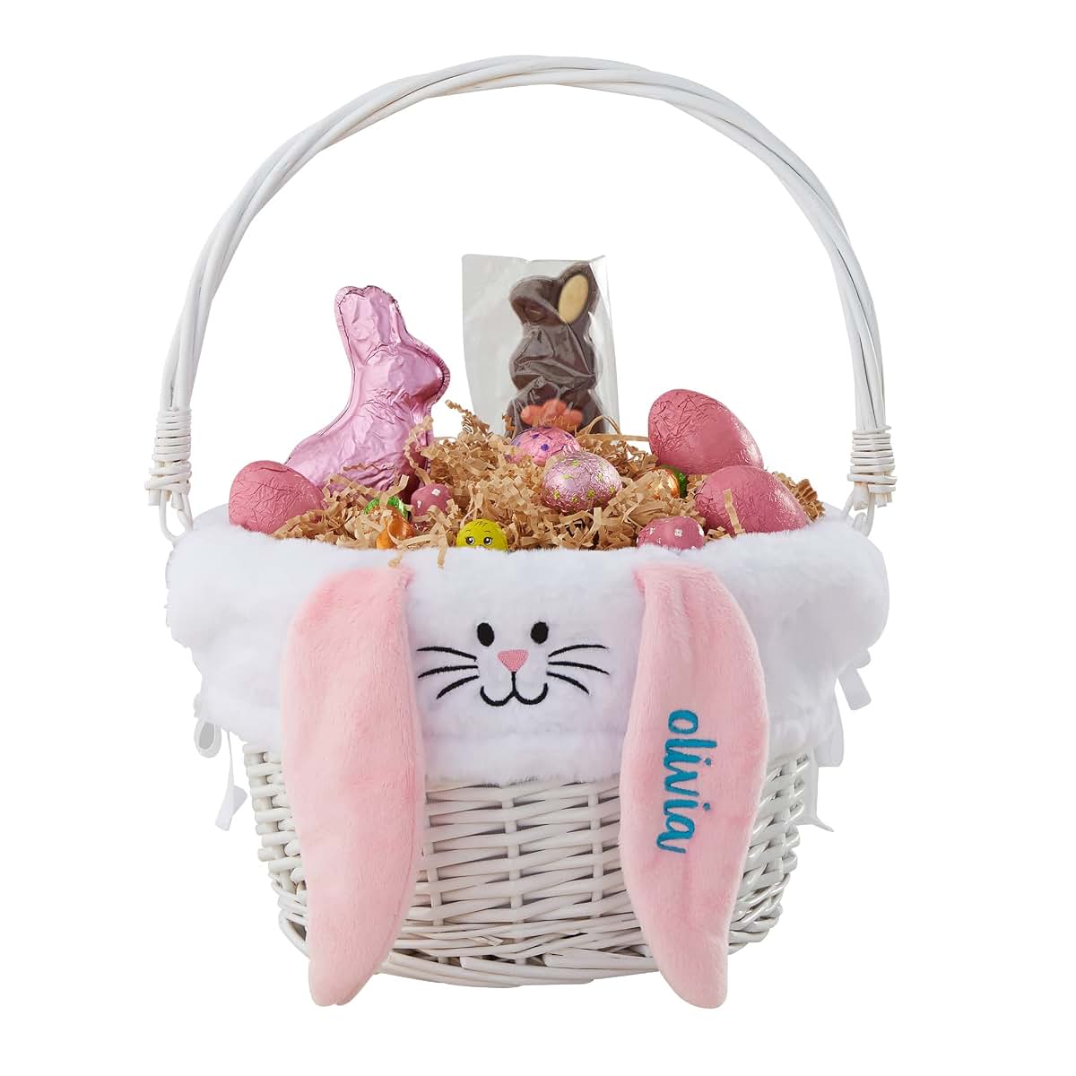 Personalization Universe Personalized Classic White Easter Basket – Embroidered White Bunny Basket Liner – Custom Kids