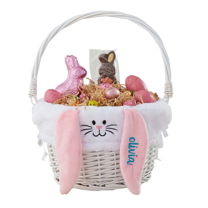 Personalization Universe Personalized Classic White Easter Basket – Embroidered White Bunny Basket Liner – Custom Kids