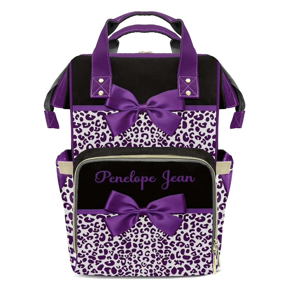 LiSoAkWE Customizable Large Capacity Purple Print Leopard Bow Diaper Bag Personalized Name,Waterproof Multi-Function