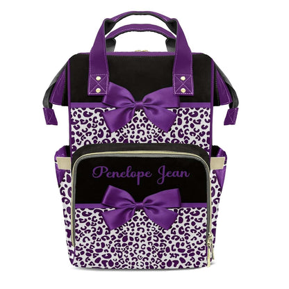 LiSoAkWE Customizable Large Capacity Purple Print Leopard Bow Diaper Bag Personalized Name,Waterproof Multi-Function