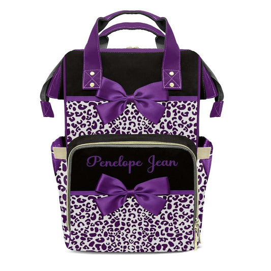 LiSoAkWE Customizable Large Capacity Purple Print Leopard Bow Diaper Bag Personalized Name,Waterproof Multi-Function
