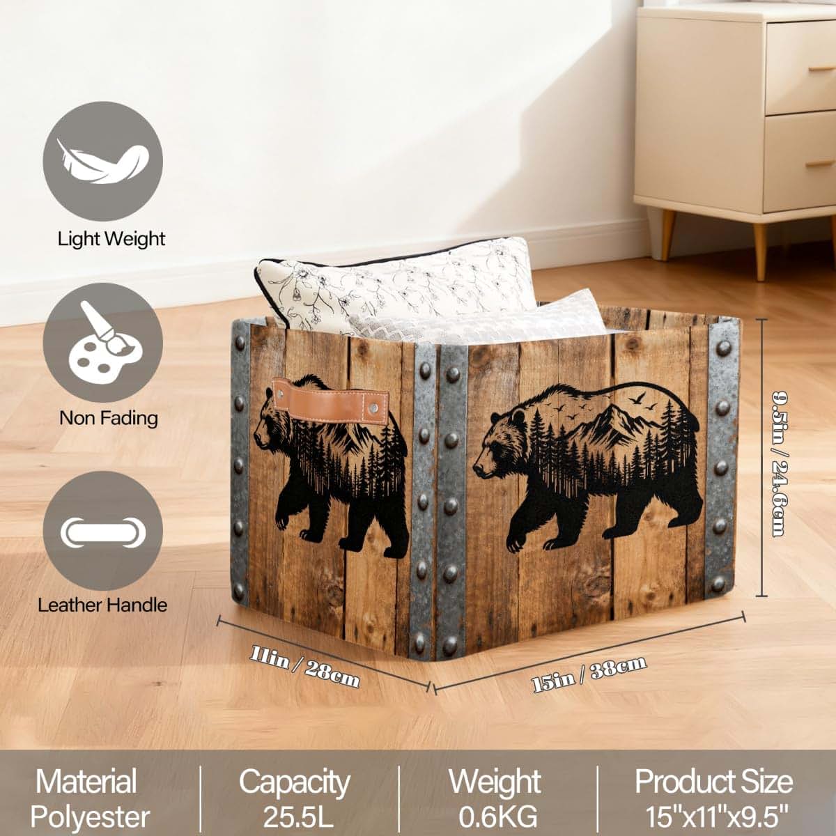 Potluxt Rectangular Nursery Baby Basket with Leather Handle, 2-Pack Collapsible Storage Bin for Toys and Clothes