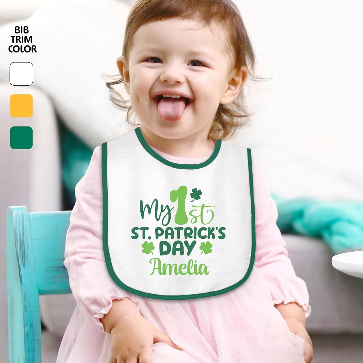 Smiling Jindo Personalized My 1st St. Patrick’s Day Baby Bib with Name – Custom First St Paddy’s Gift, Soft Cotton Terry (photo 2)
