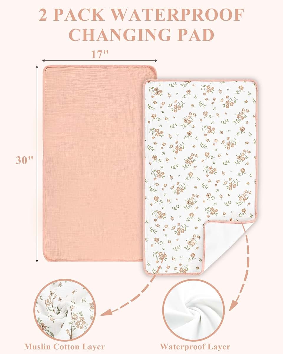 Jundetye Waterproof Portable Changing Pad 2 Pack, Muslin Cotton Baby Changing Mat Comfortable & Breathable, Foldable