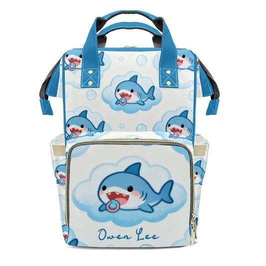 YallLocoMo Custom Name Diaper Bag Backpack Gift Cartoon Cute Marine Shark in Cloud Multifunction Travel Backpack Nappy