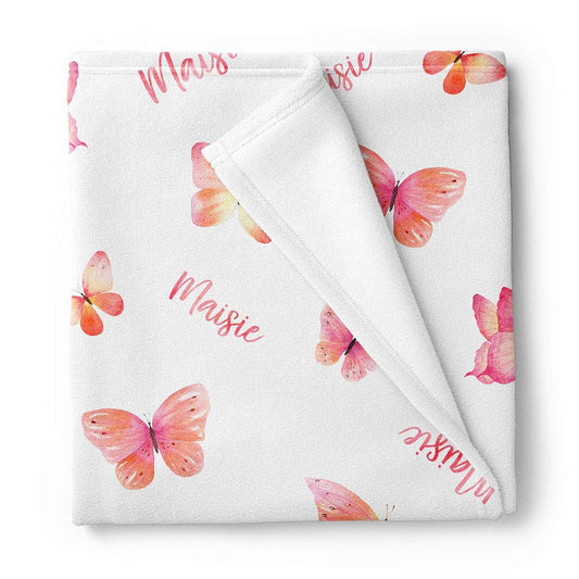 Lovable Gift Co Butterflies Personalized Baby Receiving Swaddle Blanket In Coral