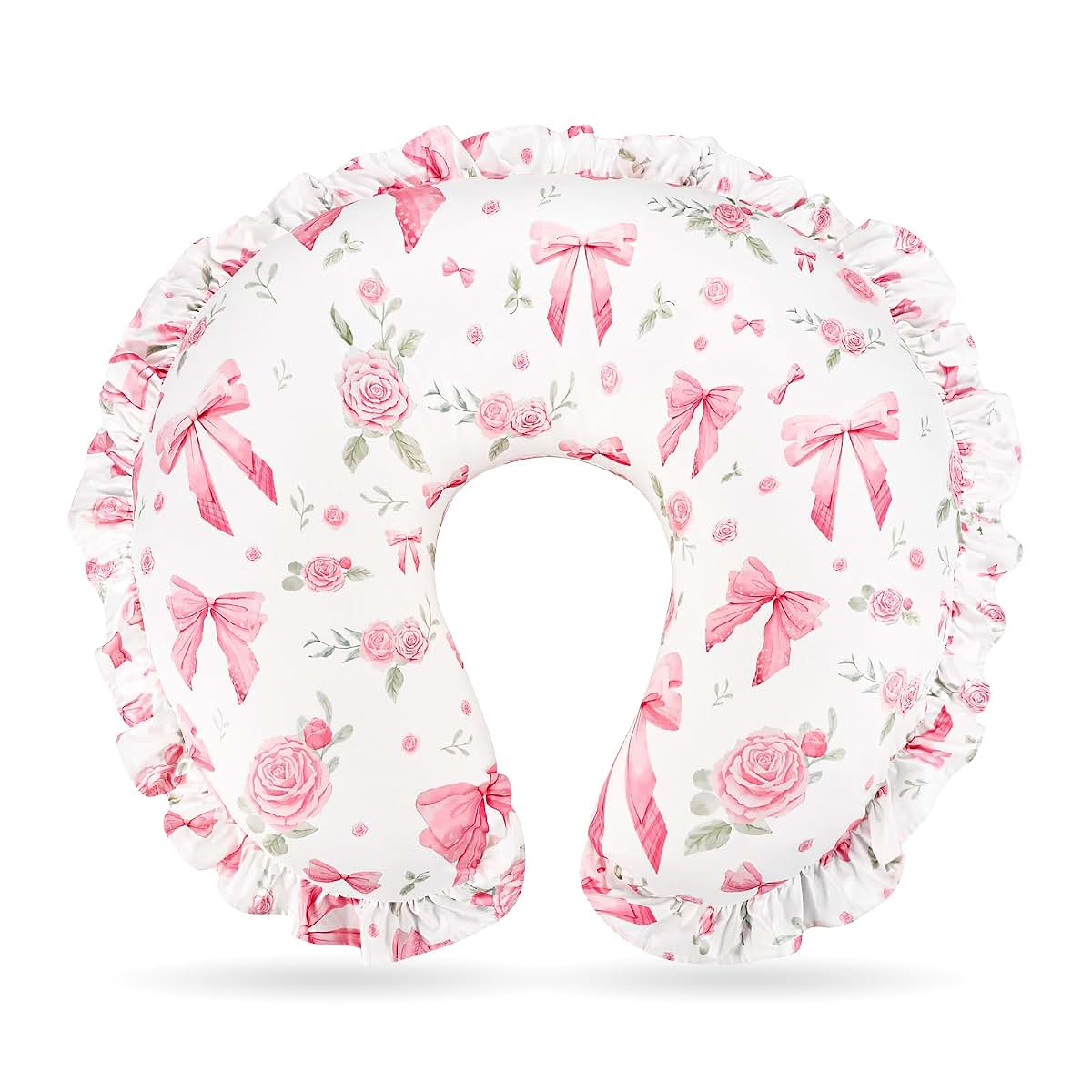 Jundetye Nursing Pillow Cover for Baby Girl, Soft Stretch Breastfeeding Pillow Cover Pink Floral, Elegant Ruffled Trim