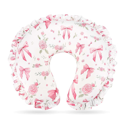 Jundetye Nursing Pillow Cover for Baby Girl, Soft Stretch Breastfeeding Pillow Cover Pink Floral, Elegant Ruffled Trim
