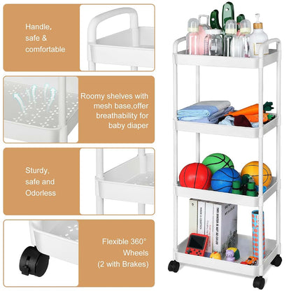Barydat Baby Diaper Caddy Cart, 4-Tier Rolling Organizer for Nursery, White
