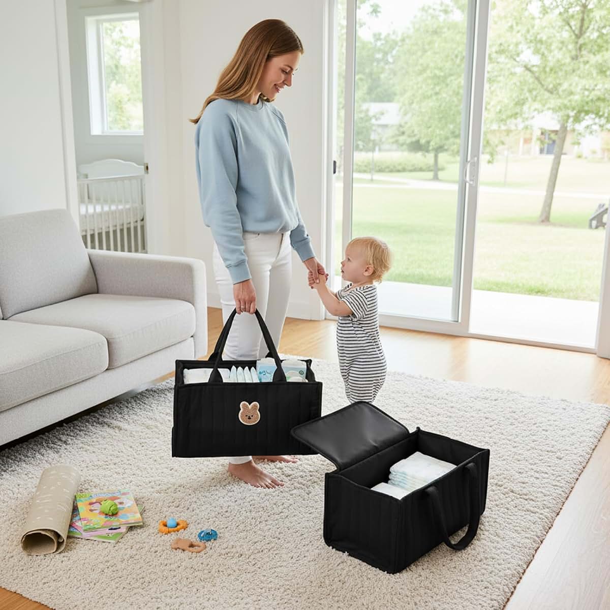 AwnsIMfreien Diaper Caddy, Quilted with Handles, Black, 1 Count, Quilted Basket (photo 3)