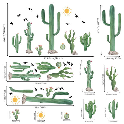 Refamaee Watercolor Cactus Wall Decals Set, Birds and Sunshine Desert Themed Decor Wall Stickers, Removable Vinyl