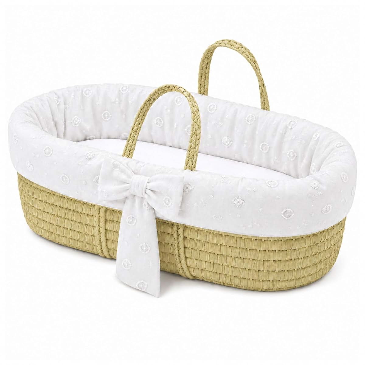 Ababy Moses Basket With Mattress, Fabric Liner & Polycotton Fitted Sheet - White Eyelet