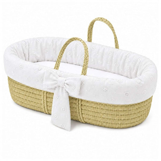 Ababy Moses Basket With Mattress, Fabric Liner & Polycotton Fitted Sheet - White Eyelet