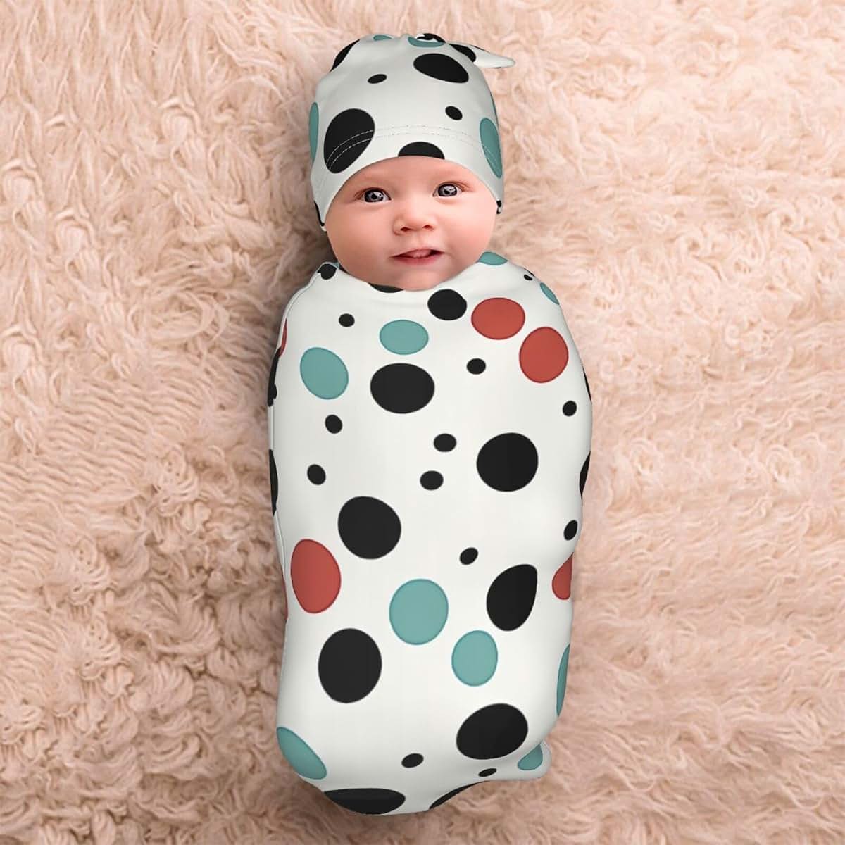 KKLWEGU Newborn Swaddle Blanket with Beanie Hat Set, Soft Sleep Sack Polka Dot Newborn Receiving Blankets Baby Swaddle