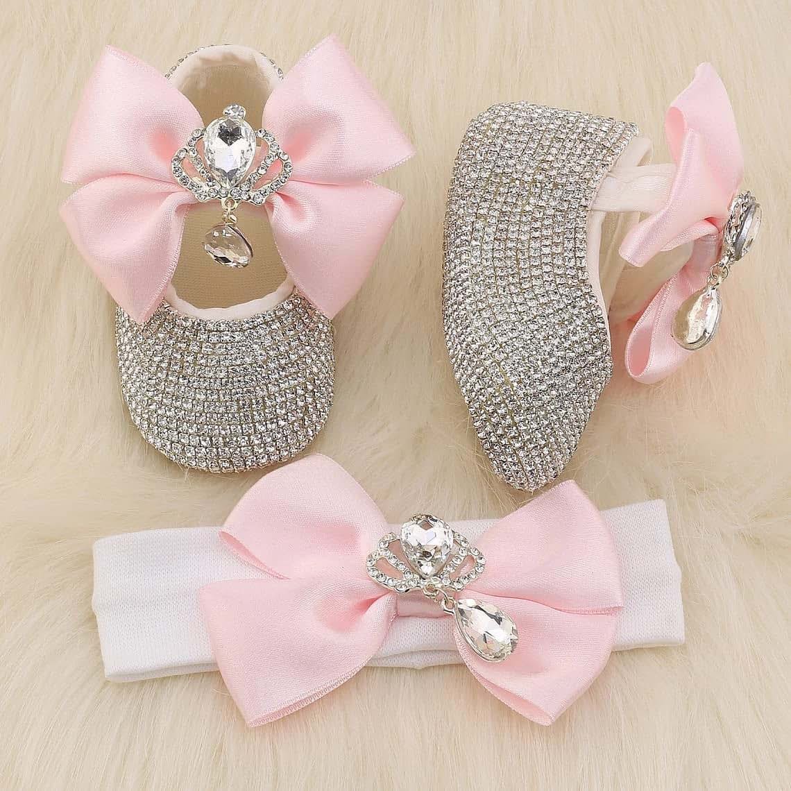 Oren Turkey Bling Rhinestone New Born Baby Girl Shoes and Headband, Luxury Baby Gift Set Cream (photo 2)