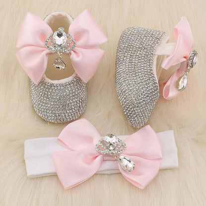 Oren Turkey Bling Rhinestone New Born Baby Girl Shoes and Headband, Luxury Baby Gift Set Cream (photo 2)