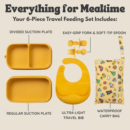 Baby Travel Feeding Set with Silicone Suction Plates Yellow Small
